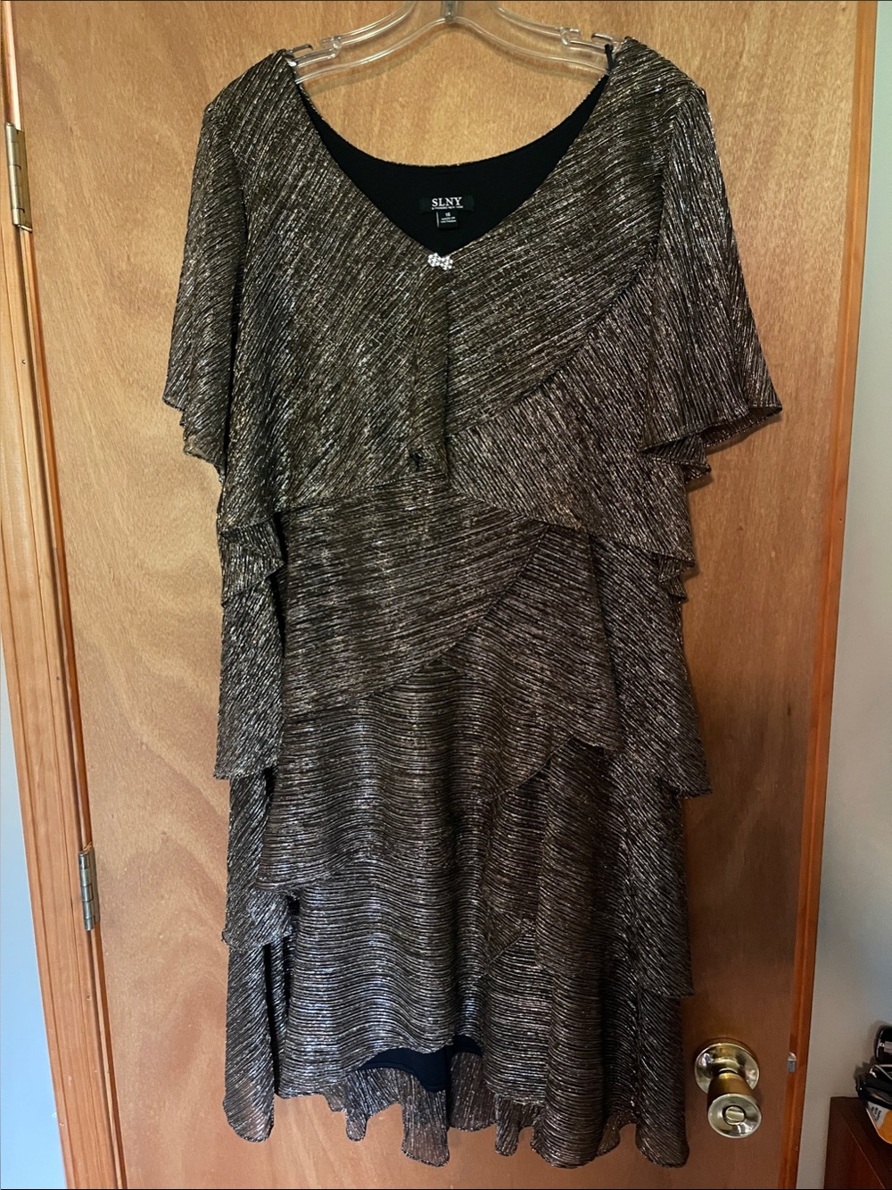 SLNY Black and Gold Metallic Ruffle Midi Dress with V-Neck